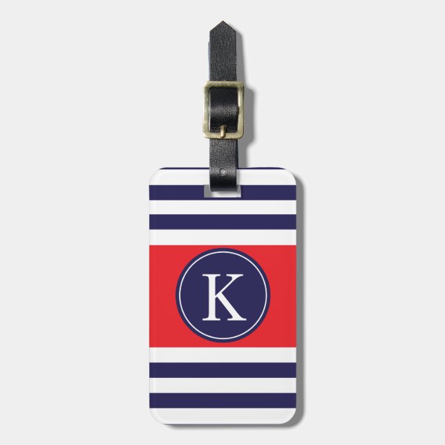 Personalized Monogram Stripes Pattern Navy Red Luggage Tag (Front Vertical)