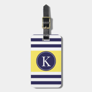 Personalized Monogram Stripes Pattern Navy Yellow Luggage Tag