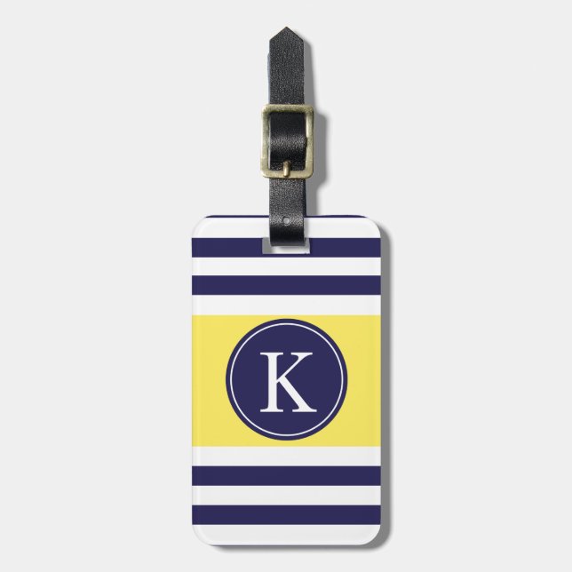 Personalized Monogram Stripes Pattern Navy Yellow Luggage Tag (Front Vertical)