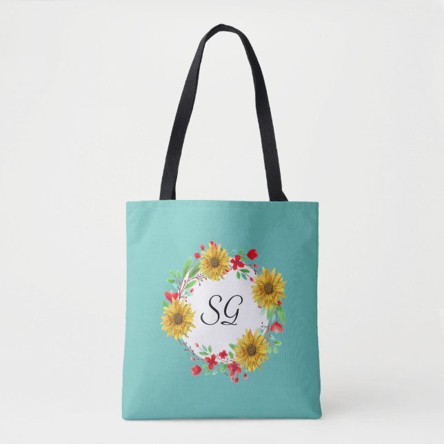 Personalized Monogram Sunflower Shopping Tote Bag (Front)