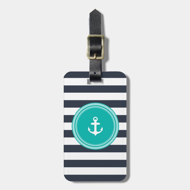 Personalized Monogram Teal and Navy Nautical Luggage Tag (Front Vertical)