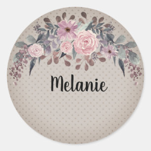 Personalized monogram text watercolor flower flora classic round sticker