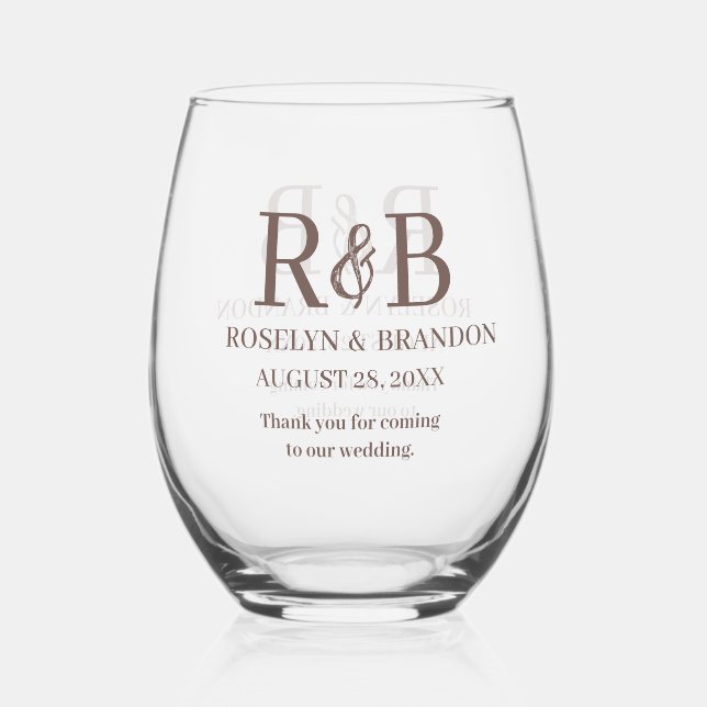 Personalized Monogram Thank you Wedding favour Stemless Wine Glass (Front)