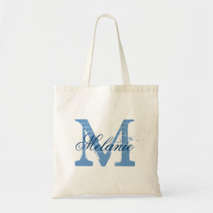 Personalized monogram tote bag   blue and white