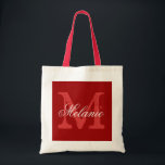 Personalized monogram tote bag | Bordeaux red<br><div class="desc">Personalized name monogram tote bag | Bordeaux red and white colour. Elegant logo design with beautiful monogrammed letter initials.  Cute vintage gift idea for bride,  flower girls,  maid of honour and bridesmaids at weddings. Classy script text with chic background letter. Also great for bridal shower or bachelorette party.</div>