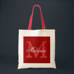 Personalized monogram tote bag | Bordeaux red<br><div class="desc">Personalized name monogram tote bag | Bordeaux red and white colour. Elegant logo design with beautiful monogrammed letter initials.  Cute vintage gift idea for bride,  flower girls,  maid of honour and bridesmaids at weddings. Classy script text with chic background letter. Also great for bridal shower or bachelorette party.</div>