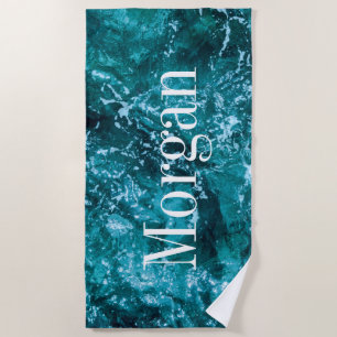 Personalized Monogram Turquoise Sea Waves Beach Towel