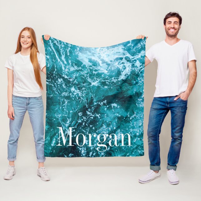 Personalized Monogram Turquoise Sea Waves Fleece Blanket (In Situ)