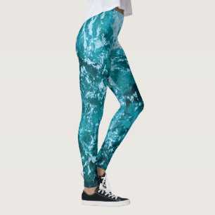 Personalized Monogram Turquoise Sea Waves Pattern Leggings