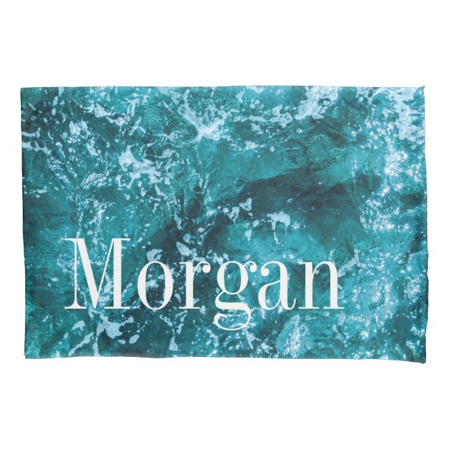 Personalized Monogram Turquoise Sea Waves Pillowcase (Front)