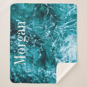 Personalized Monogram Turquoise Sea Waves Sherpa Blanket