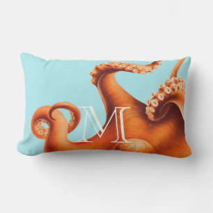 Personalized Monogram Vintage Octopus Illustration Lumbar Pillow