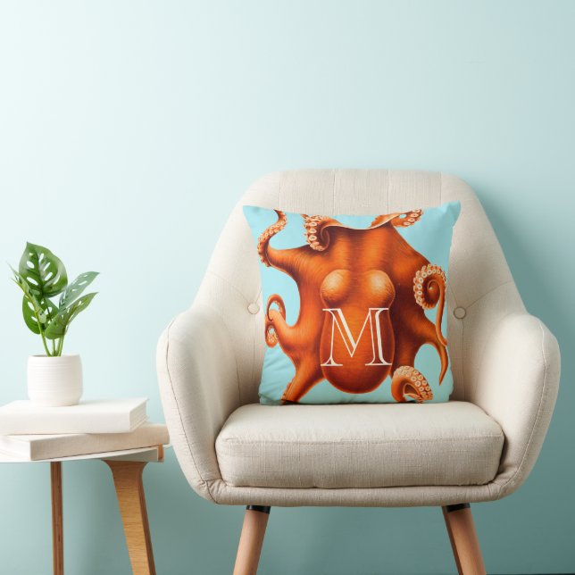 Personalized Monogram Vintage Octopus Illustration Throw Pillow (Chair)
