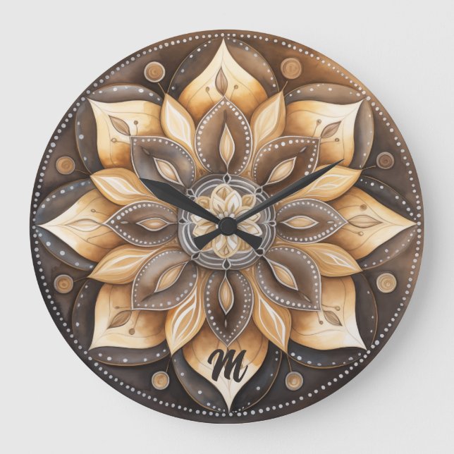 Personalized Monogram Watercolor Brown Mandala  Large Clock (Front)
