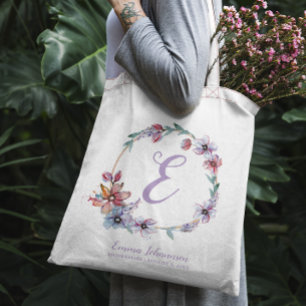 Personalized Monogram Watercolor Floral Wreath Tote Bag