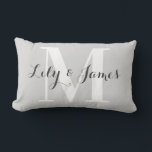 Personalized Monogram White Grey Wedding Keepsake Lumbar Pillow<br><div class="desc">Elegant and stylish light grey monogram lumbar pillow. This trendy pillow features dark grey writing with a light grey background and a large white monogram initial. You can personalize it with your names and monogram initial, and even change the text colour and font style using the customize option. This pillow...</div>