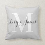 Personalized Monogram White Grey Wedding Keepsake Throw Pillow<br><div class="desc">Elegant and stylish light grey monogram throw pillow. This trendy pillow features dark grey writing with a light grey background and a large white monogram initial. You can personalize it with your names and monogram initial, and even change the text colour and font style using the customize option. This pillow...</div>