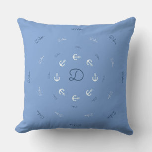 personalized monogram with anchors blue throw pillow