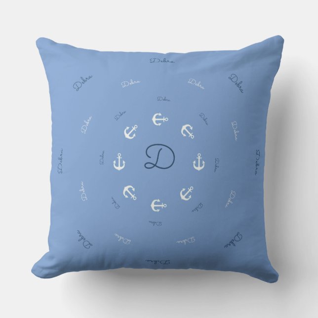 personalized monogram with anchors blue throw pillow (Front)