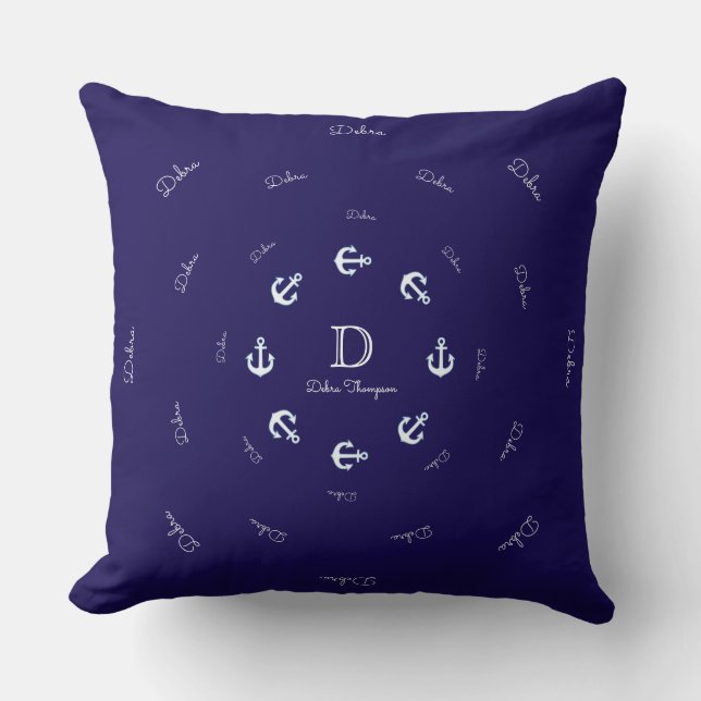 personalized monogram with anchors - sea inspired throw pillow (Front)