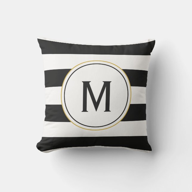 Personalized Monogram with Black and White Stripes Outdoor Pillow (Front)