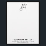 Personalized Monogram with Contact Information Letterhead<br><div class="desc">Make a lasting impression with our personalized monogrammed letterhead featuring your two initial script monogram and name in modern sans serif font, along with your contact information at the bottom of the page. The simple font on a white background framed in black adds a touch of elegance to your business...</div>