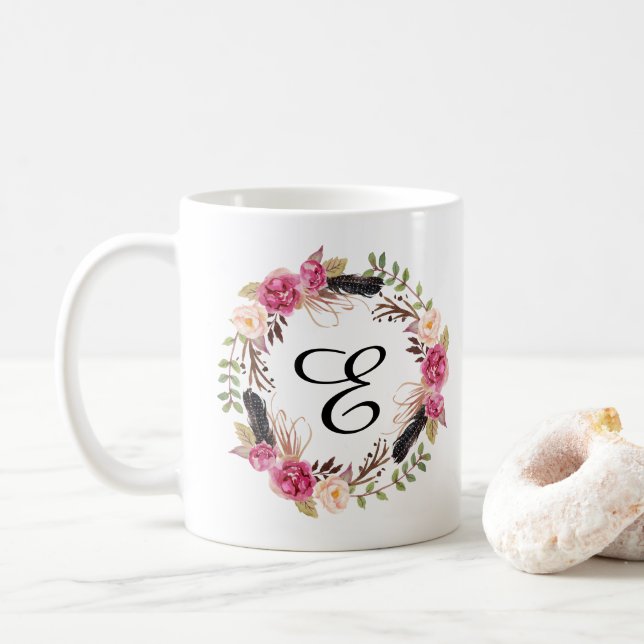 Personalized monogramed feather Bridesmaid Boho Coffee Mug (With Donut)