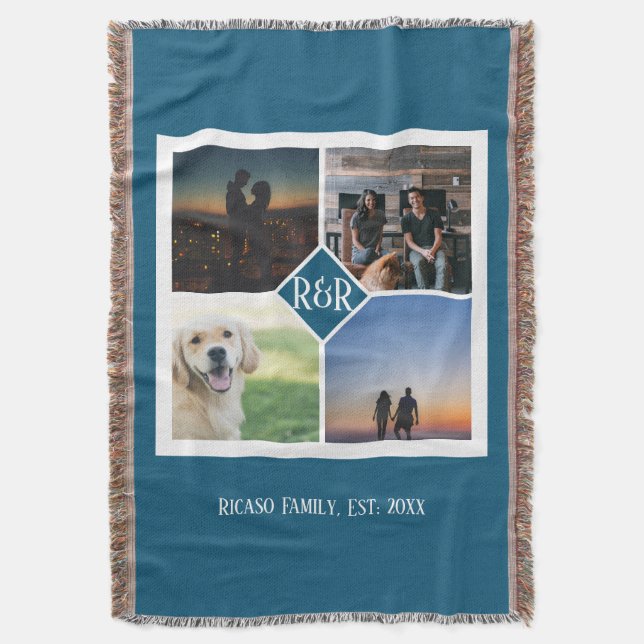 Personalized Monogrammed 4 Photo Collage Throw Blanket (Front Vertical)