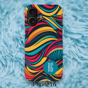 Personalized Monogrammed Abstract Waves Pattern iPhone 16 Case
