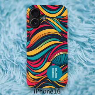 Personalized Monogrammed Abstract Waves Pattern iPhone 16 Case