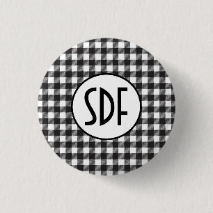 Personalized Monogrammed Black and White Plaid 1 Inch Round Button