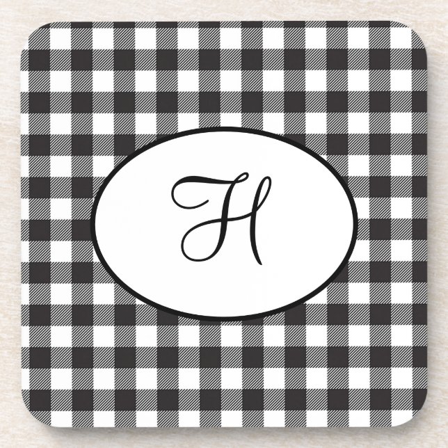 Personalized Monogrammed Black and White Plaid Coaster (Front)