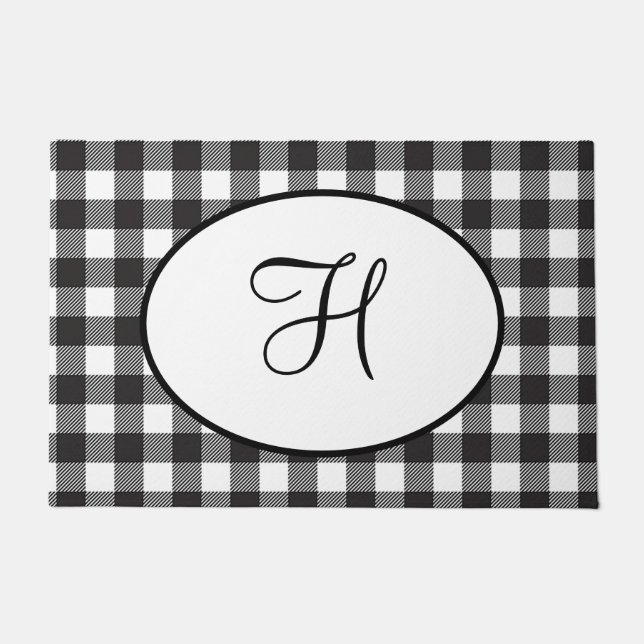 Personalized Monogrammed Black and White Plaid Doormat (Front)