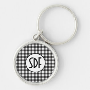 Personalized Monogrammed Black and White Plaid Keychain