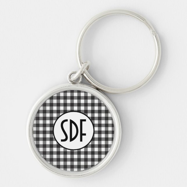 Personalized Monogrammed Black and White Plaid Keychain (Front)