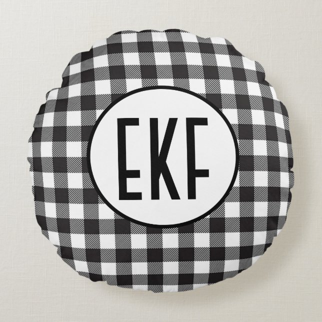 Personalized Monogrammed Black and White Plaid Round Pillow (Front)