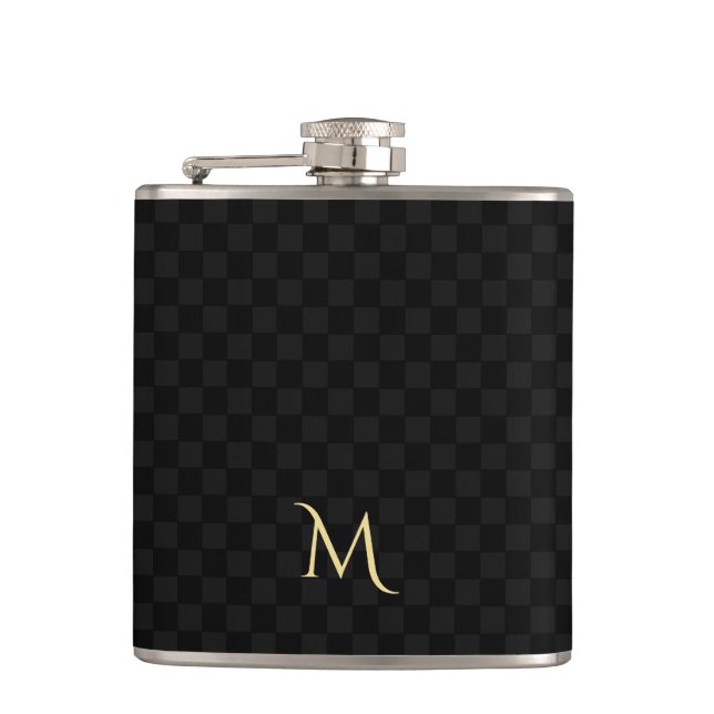 Personalized Monogrammed Black Check Pattern Flask (Front)