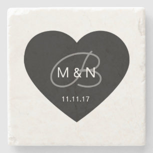 Personalized Monogrammed Black Heart Wedding Favou Stone Coaster