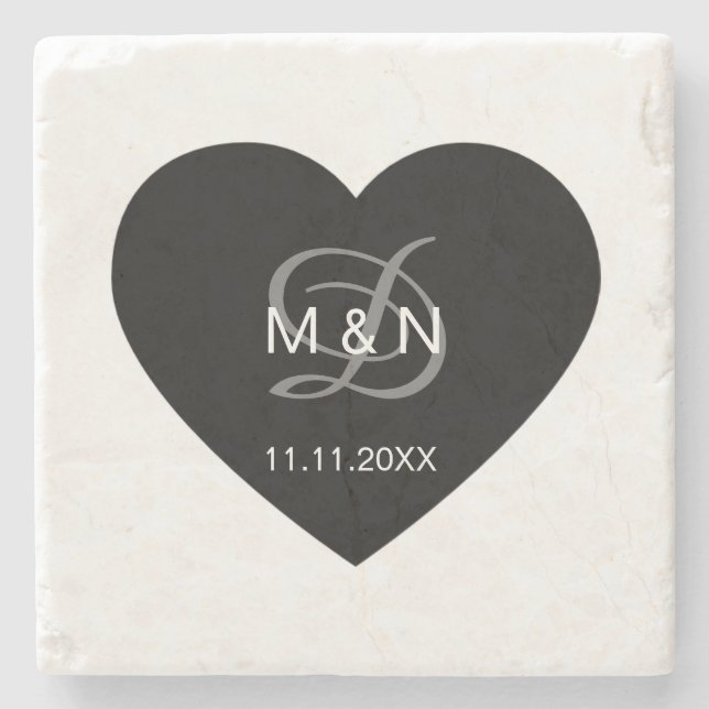 Personalized Monogrammed Black Heart Wedding Stone Coaster (Front)