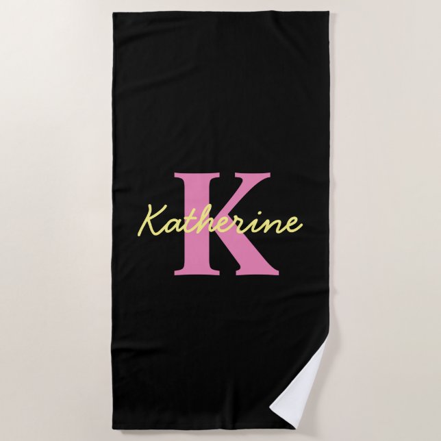 Personalized Monogrammed Black Modern Beach Towel (Front)