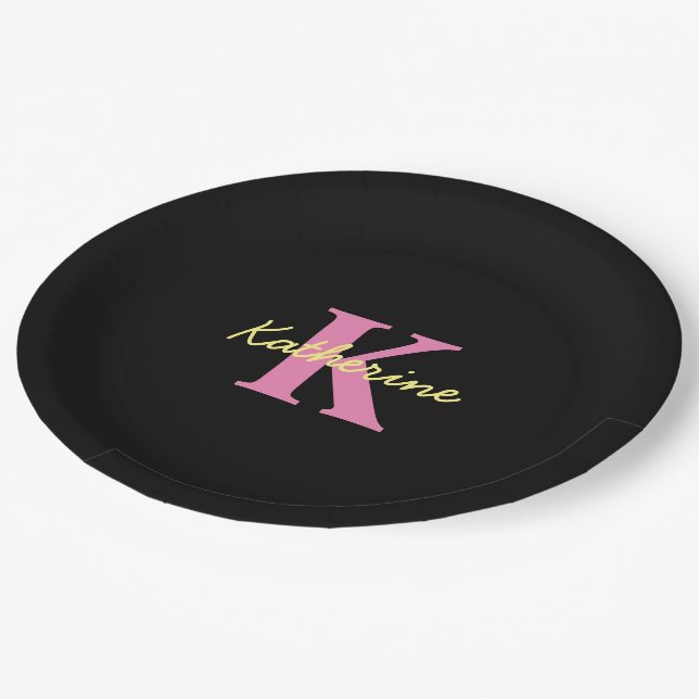 Personalized Monogrammed Black Modern Paper Plate (Angled)