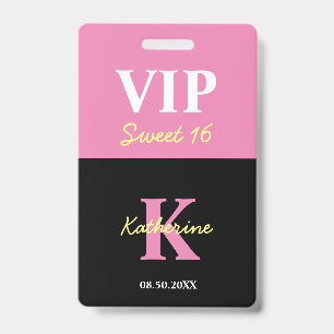 Personalized Monogrammed Black Modern Sweet 16 VIP Badge