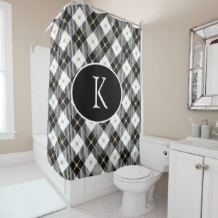 Personalized Monogrammed Black White Gold Plaid