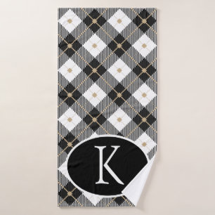 Personalized Monogrammed Black White Gold Plaid Bath Towel