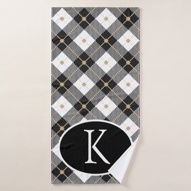 Personalized Monogrammed Black White Gold Plaid Bath Towel (Bath Towel)