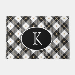 Personalized Monogrammed Black White Gold Plaid Doormat