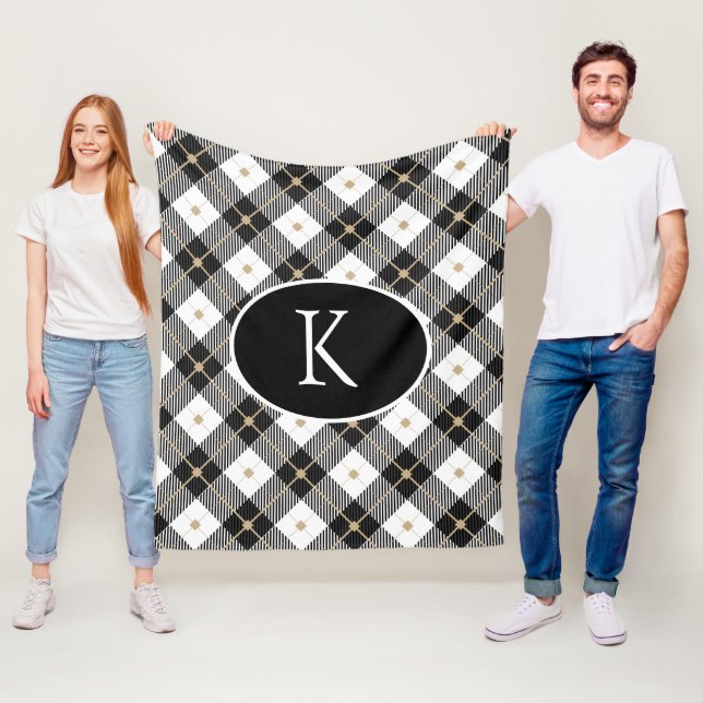 Personalized Monogrammed Black White Gold Plaid Fl Fleece Blanket (In Situ)