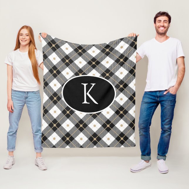 Personalized Monogrammed Black White Gold Plaid Fleece Blanket (In Situ)