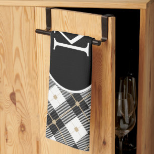 Personalized Monogrammed Black White Gold Plaid Kitchen Towel