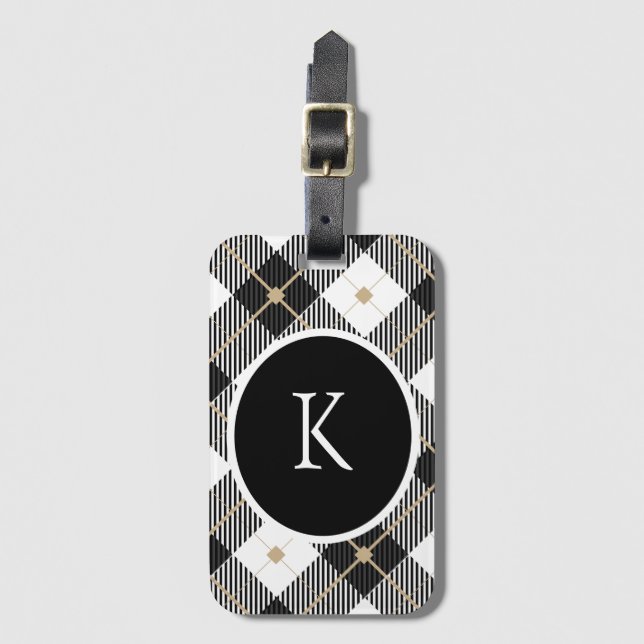 Personalized Monogrammed Black White Gold Plaid  Luggage Tag (Front Vertical)